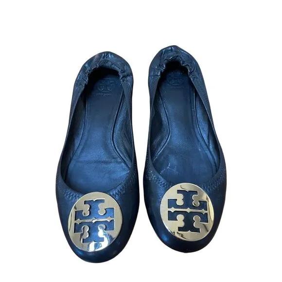 Tory Burch Minnie Travel Ballet Women’s Black Leather Flat w/ Gold Medallion 9.5