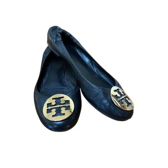 Tory Burch Minnie Travel Ballet Women’s Black Leather Flat w/ Gold Medallion 9.5