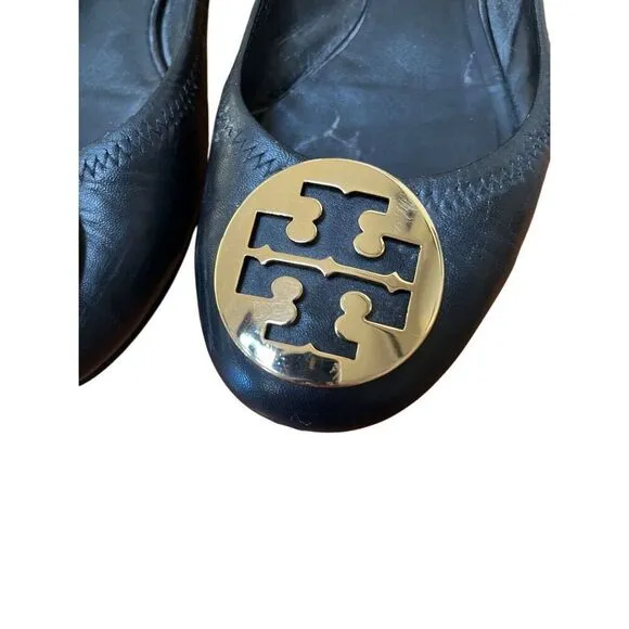 Tory Burch Minnie Travel Ballet Women’s Black Leather Flat w/ Gold Medallion 9.5