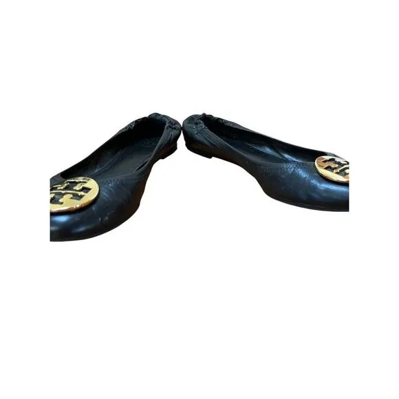 Tory Burch Minnie Travel Ballet Women’s Black Leather Flat w/ Gold Medallion 9.5