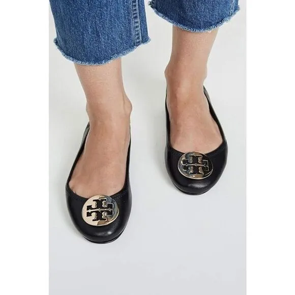 Tory Burch Minnie Travel Ballet Women’s Black Leather Flat w/ Gold Medallion 9.5
