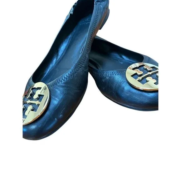 Tory Burch Minnie Travel Ballet Women’s Black Leather Flat w/ Gold Medallion 9.5