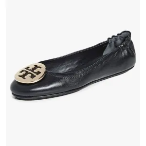 Tory Burch Minnie Travel Ballet Women’s Black Leather Flat w/ Gold Medallion 9.5
