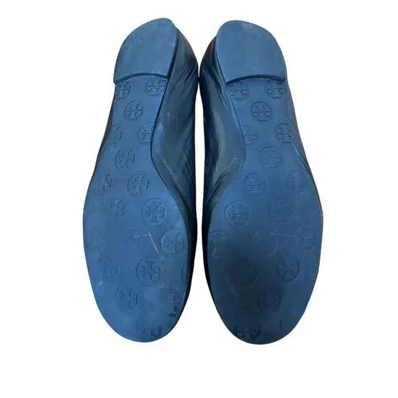 Tory Burch Minnie Travel Ballet Women’s Black Leather Flat w/ Gold Medallion 9.5