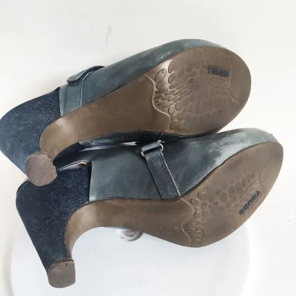 Tsubo Acrea Mary Janes Japan Shoe Blue Leather 3.75&quot; Heels Slingback 8.5 Modern