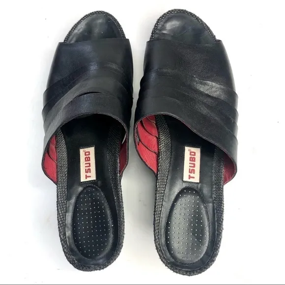Tsubo Elger black peep toe platform wedge mules leather fabric size 10