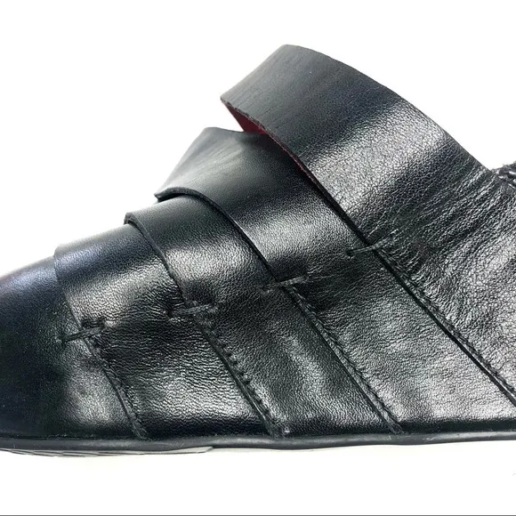 Tsubo Elger black peep toe platform wedge mules leather fabric size 10