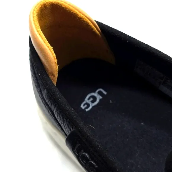 UGG ALAMEDA BLACK LEATHER UPPER SLIP ONS COTTON CANVAS WOMENS 6 NEW IN BOX