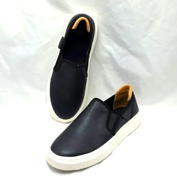 UGG ALAMEDA BLACK LEATHER UPPER SLIP ONS COTTON CANVAS WOMENS 6 NEW IN BOX