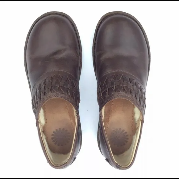 UGG Anila Full Grain Leather Wool Lined Closed Back Slip On Shoes Comfort Clogs