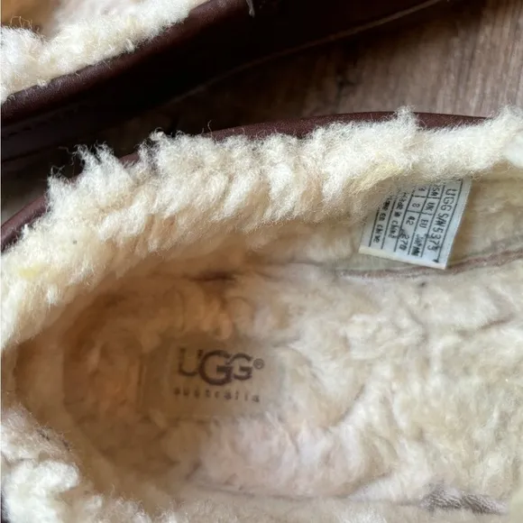UGG Ascot Leather Slip On Loafer Slippers Sherpa Lined Brown Men's Size 9