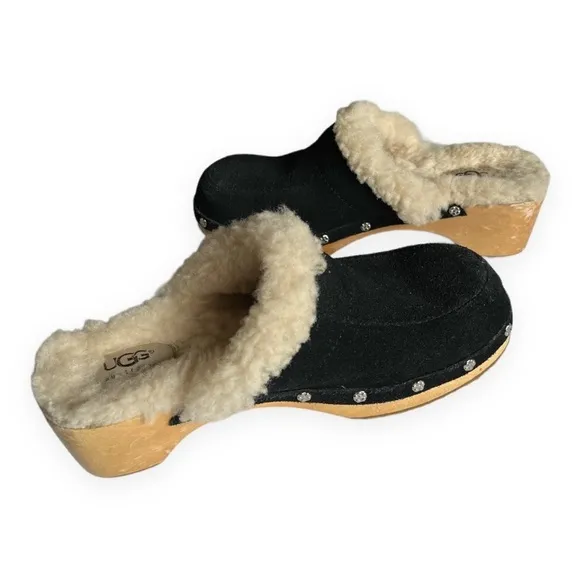UGG Australia Black Kalie Suede Shearling Lined Studded Clog Mules Slides