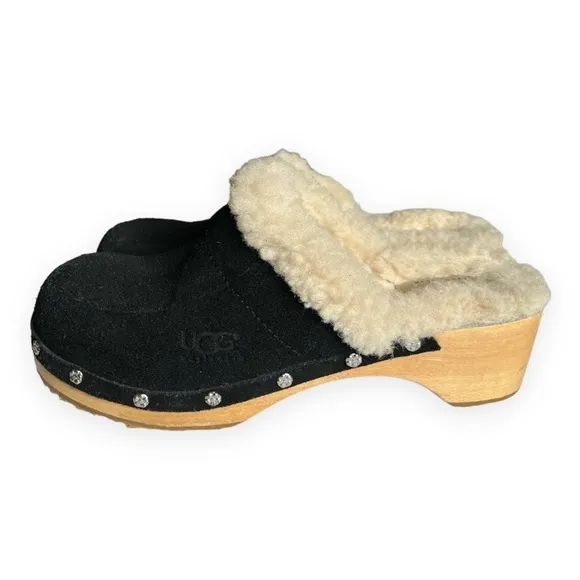 UGG Australia Black Kalie Suede Shearling Lined Studded Clog Mules Slides