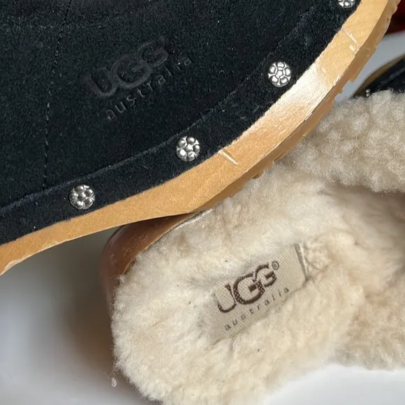 UGG Australia Black Kalie Suede Shearling Lined Studded Clog Mules Slides