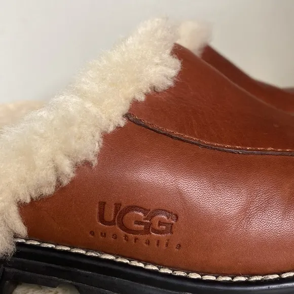 UGG Australia Brown Leather Shearling Lined Casual Mule Clogs-Women Size 6
