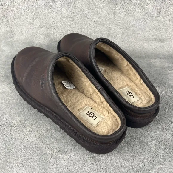 Ugg Classic Clog Mules Men's 11 Fur Lined Brown Leather Shearling S/N 1011413