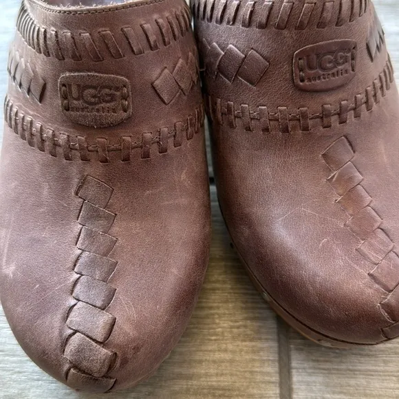 UGG Leather Woven Clog Heeled Mules Size 6 Brown Slip-On