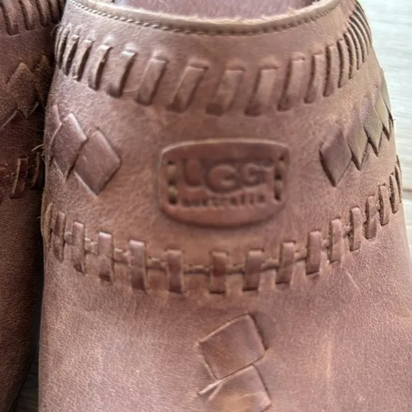 UGG Leather Woven Clog Heeled Mules Size 6 Brown Slip-On