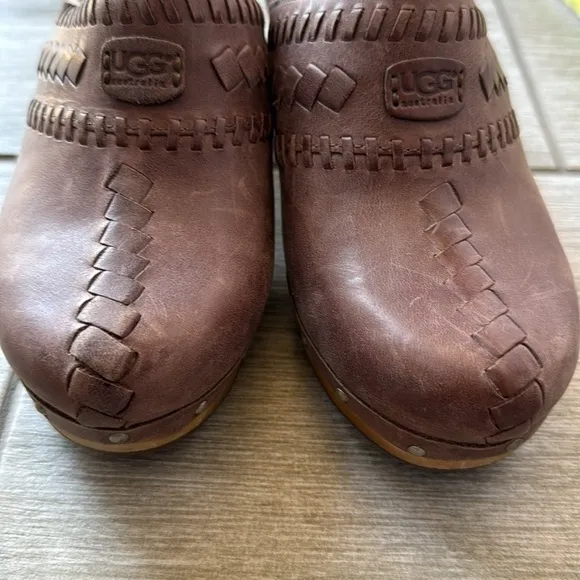 UGG Leather Woven Clog Heeled Mules Size 6 Brown Slip-On