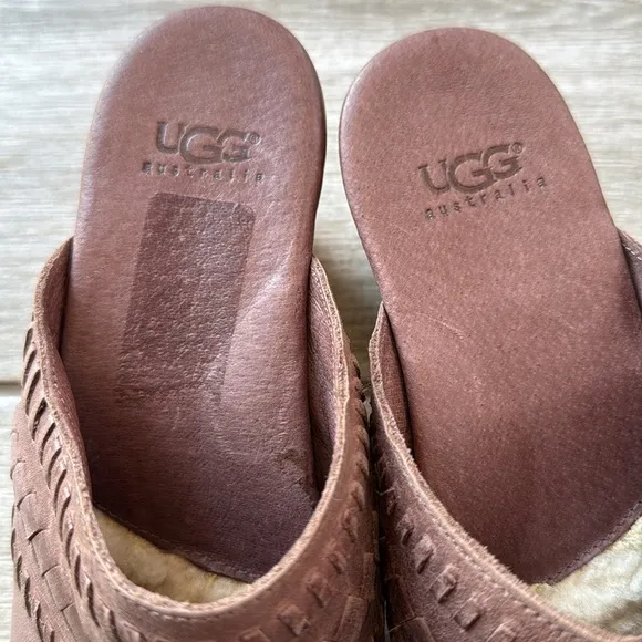 UGG Leather Woven Clog Heeled Mules Size 6 Brown Slip-On