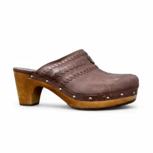 UGG Leather Woven Clog Heeled Mules Size 6 Brown Slip-On
