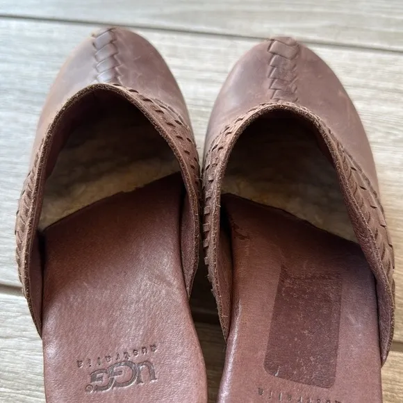 UGG Leather Woven Clog Heeled Mules Size 6 Brown Slip-On