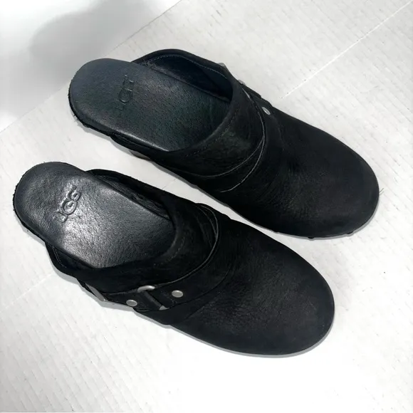 UGG Natalee Wedge Clogs Black Suede Leather Studded Fur Lined Women’s Size 6