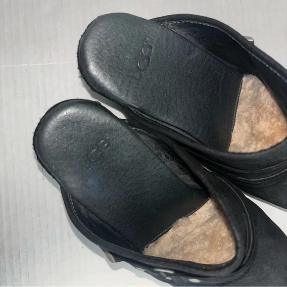 UGG Natalee Wedge Clogs Black Suede Leather Studded Fur Lined Women’s Size 6