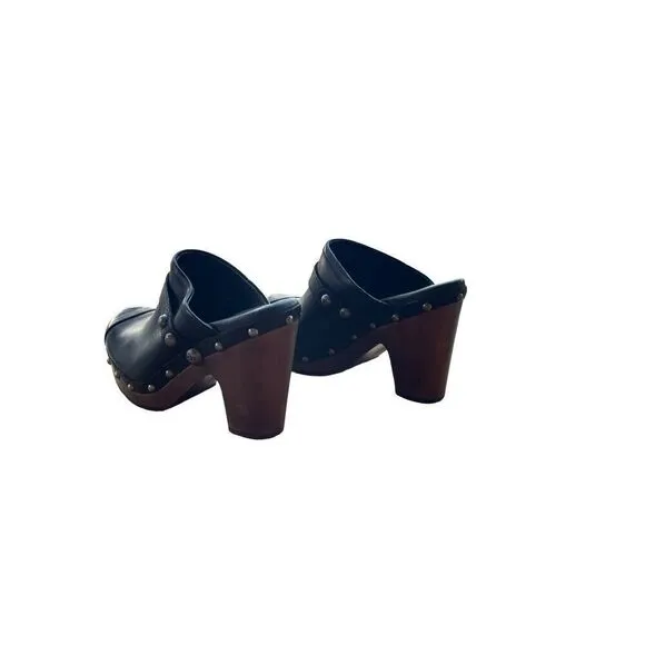 UGG Womens Black Sheepskin Lined Slip On Leather Studded Block Heel Clogs Size 6
