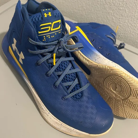 Under Armour Curry 3 Basketball Shoes High Top Blue Yellow Mens Size