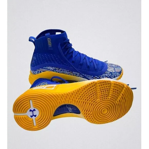 Under Armour Curry 4 Mid-Top Basketball Shoes - Blue/Yellow, Size 5Y