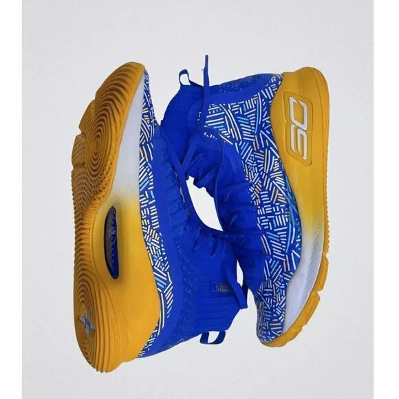 Under Armour Curry 4 Mid-Top Basketball Shoes - Blue/Yellow, Size 5Y