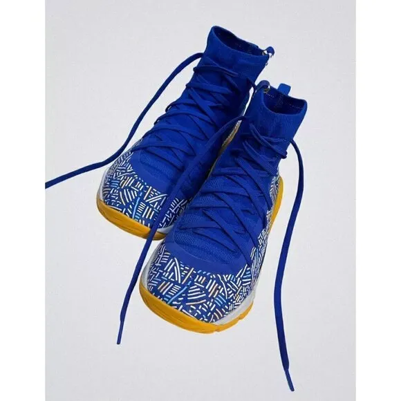 Under Armour Curry 4 Mid-Top Basketball Shoes - Blue/Yellow, Size 5Y