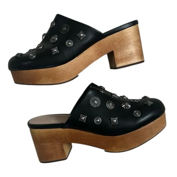Urban Outfitters Blairwood Silver Studded Black Vegan Leather Mule Clogs Size 6
