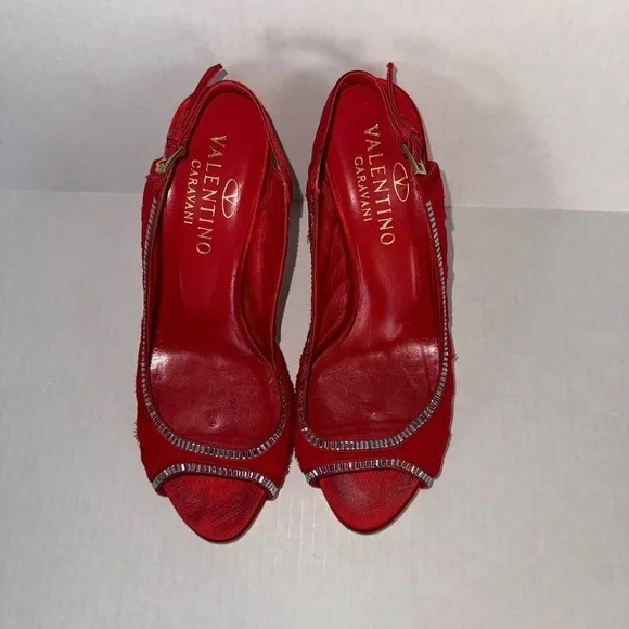 Valentino Garavani Red Slingback Peeptoe Heels Size 37 EU Size 7 US