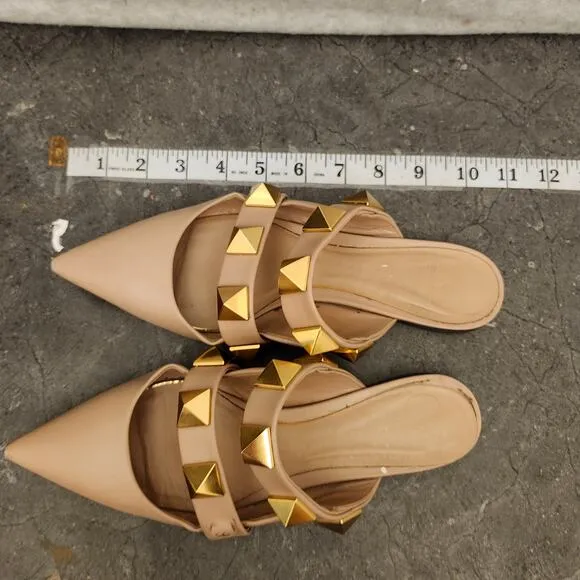 Valentino Garavani Roman Stud Flat Mules Women's 36.5 Beige Pointed Sandals
