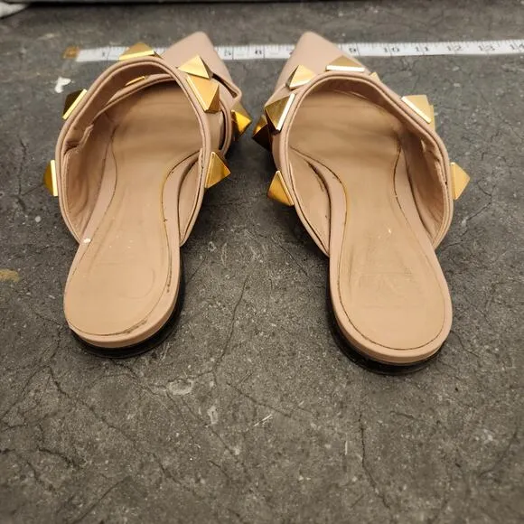 Valentino Garavani Roman Stud Flat Mules Women's 36.5 Beige Pointed Sandals