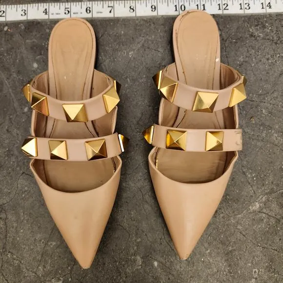 Valentino Garavani Roman Stud Flat Mules Women's 36.5 Beige Pointed Sandals