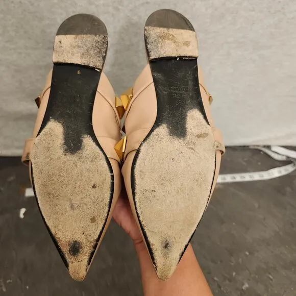 Valentino Garavani Roman Stud Flat Mules Women's 36.5 Beige Pointed Sandals