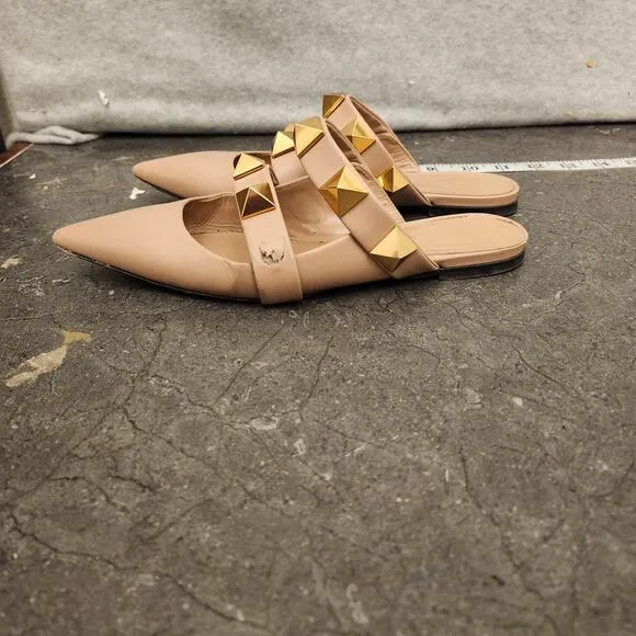 Valentino Garavani Roman Stud Flat Mules Women's 36.5 Beige Pointed Sandals