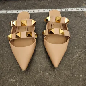 Valentino Garavani Roman Stud Flat Mules Women's 36.5 Beige Pointed Sandals