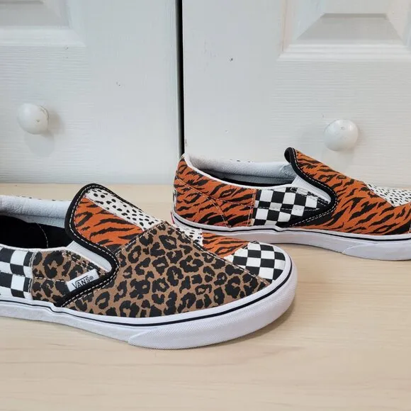 VANS Dalmatian Tiger Leopard Print Checkered Patchwork Slip-On Shoes Kids sz 7