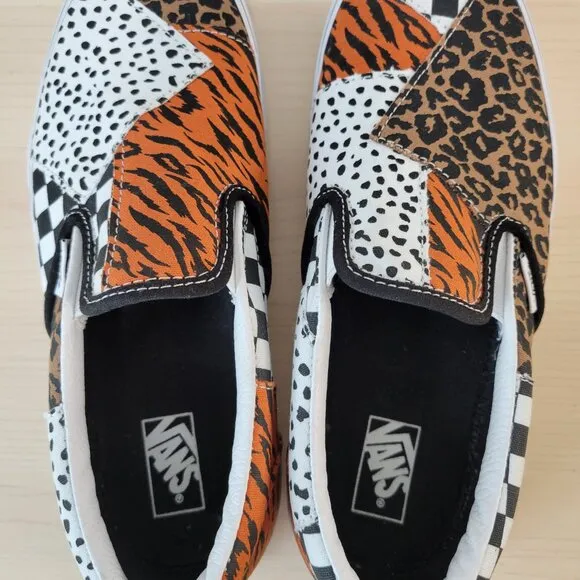 VANS Dalmatian Tiger Leopard Print Checkered Patchwork Slip-On Shoes Kids sz 7
