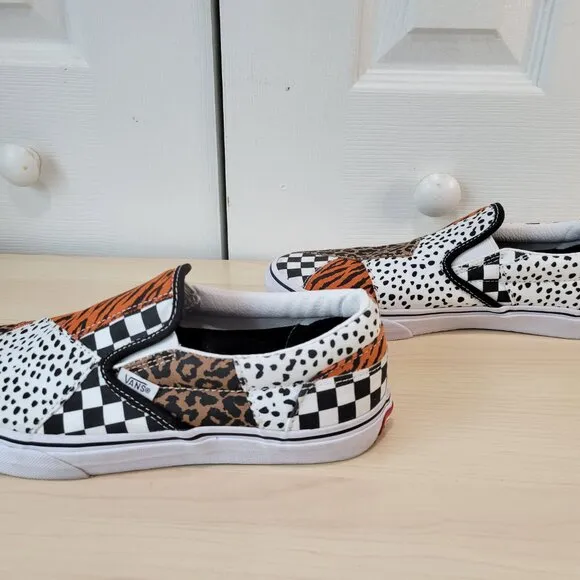 VANS Dalmatian Tiger Leopard Print Checkered Patchwork Slip-On Shoes Kids sz 7