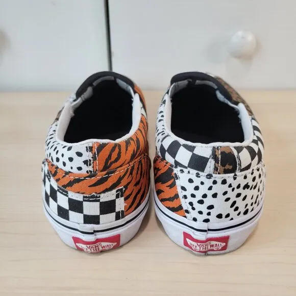 VANS Dalmatian Tiger Leopard Print Checkered Patchwork Slip-On Shoes Kids sz 7