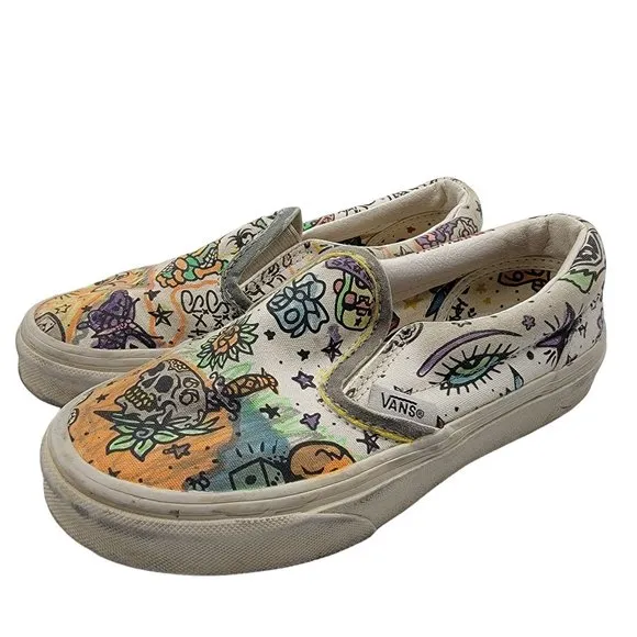 Vans U Paint Kids 1 Slip On White Skulls Canvas Casual Everyday Shoes