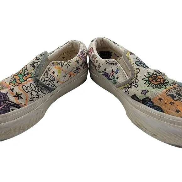 Vans U Paint Kids 1 Slip On White Skulls Canvas Casual Everyday Shoes