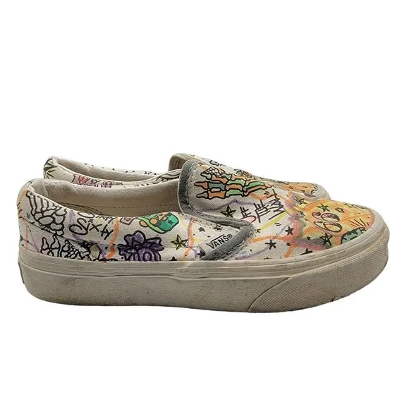 Vans U Paint Kids 1 Slip On White Skulls Canvas Casual Everyday Shoes