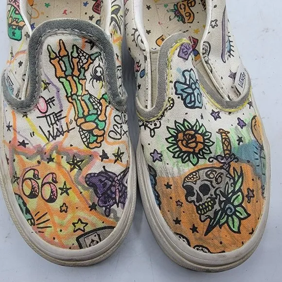Vans U Paint Kids 1 Slip On White Skulls Canvas Casual Everyday Shoes