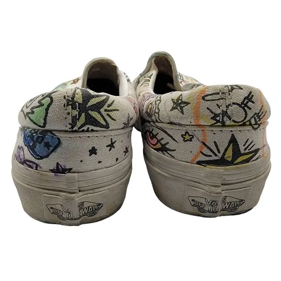 Vans U Paint Kids 1 Slip On White Skulls Canvas Casual Everyday Shoes